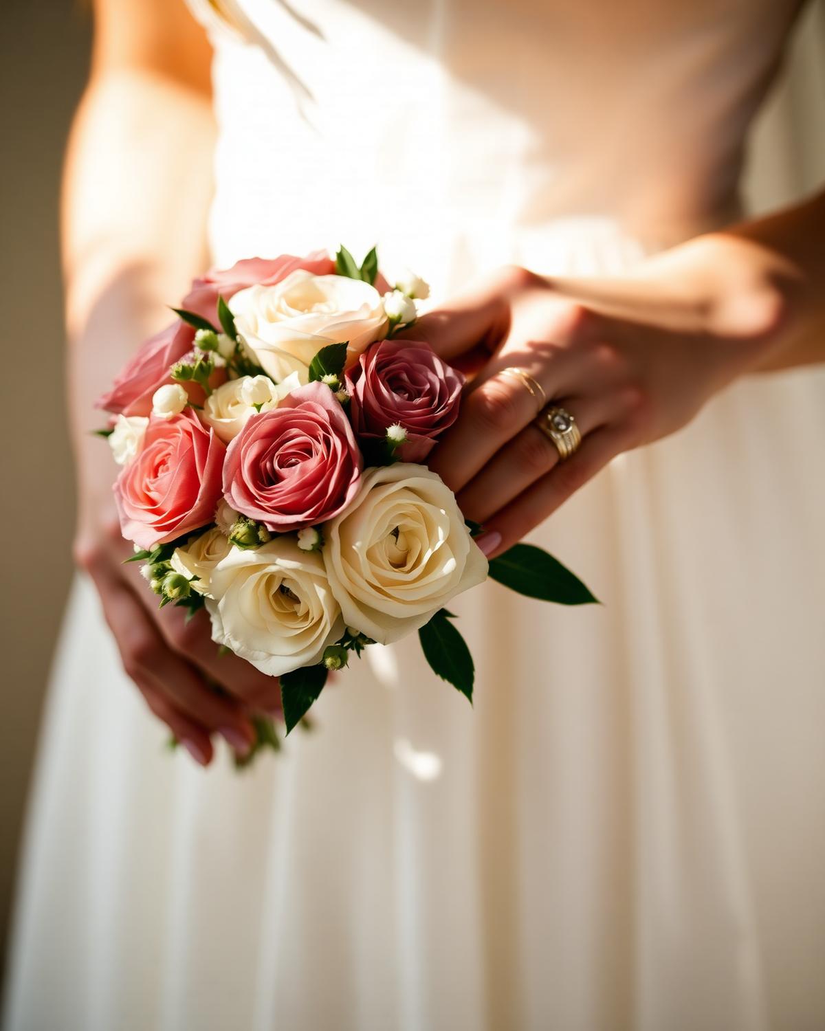 Bride holding a small bouquet of garden roses
