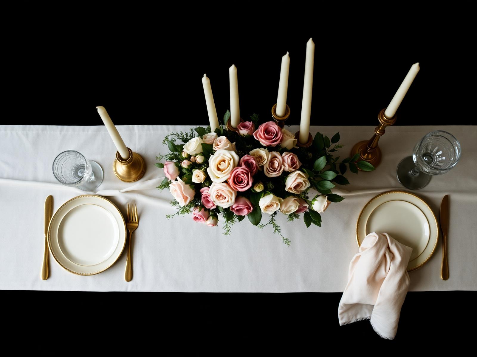 Overhead view of a luxury wedding tablescape with garden roses and gold flatware